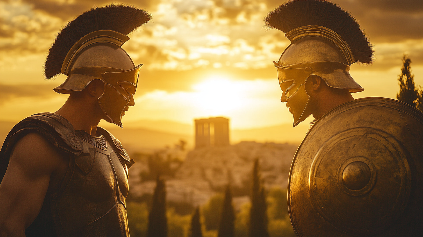 Greek and Spartan warriors ready for duel at sunset.