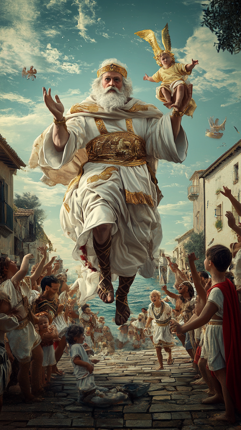 Greek attire, charity, miracles, rescuing children, surreal, hyper-realistic.