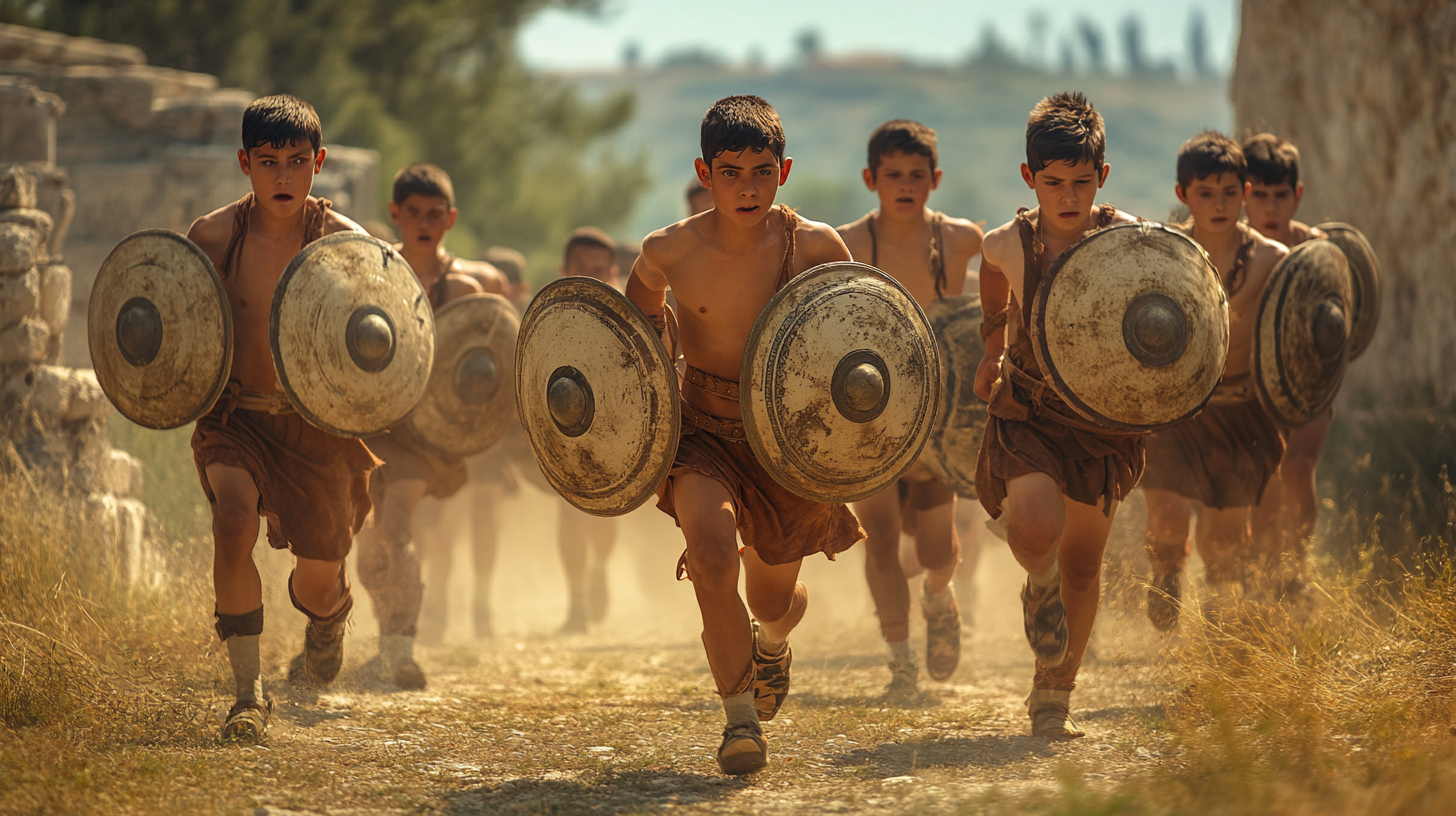 Greek boys training with heavy shields, overseen by warrior.