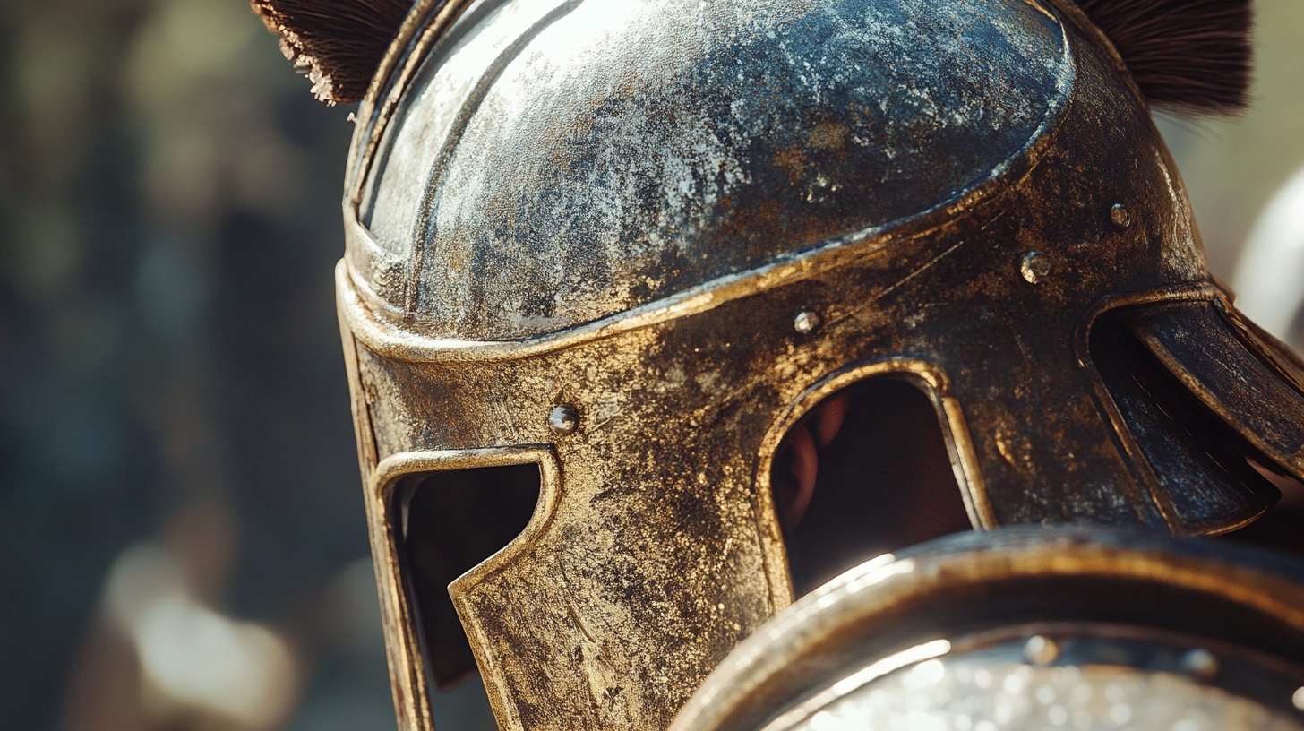 Greek hoplite's helmet, dented and scarred, Corinthian style.