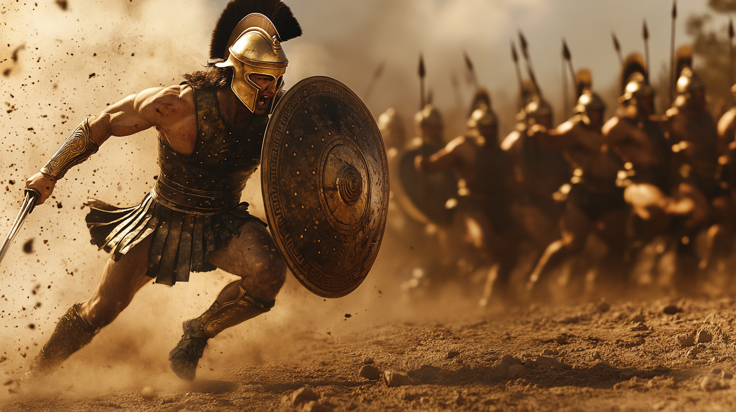 Greek hoplite charging, shield bashing enemies, breaking through force.