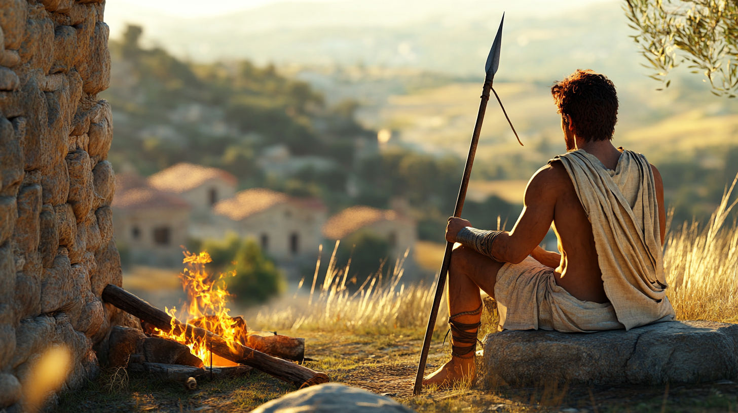 Greek hoplite relaxing in village by fire with spear.