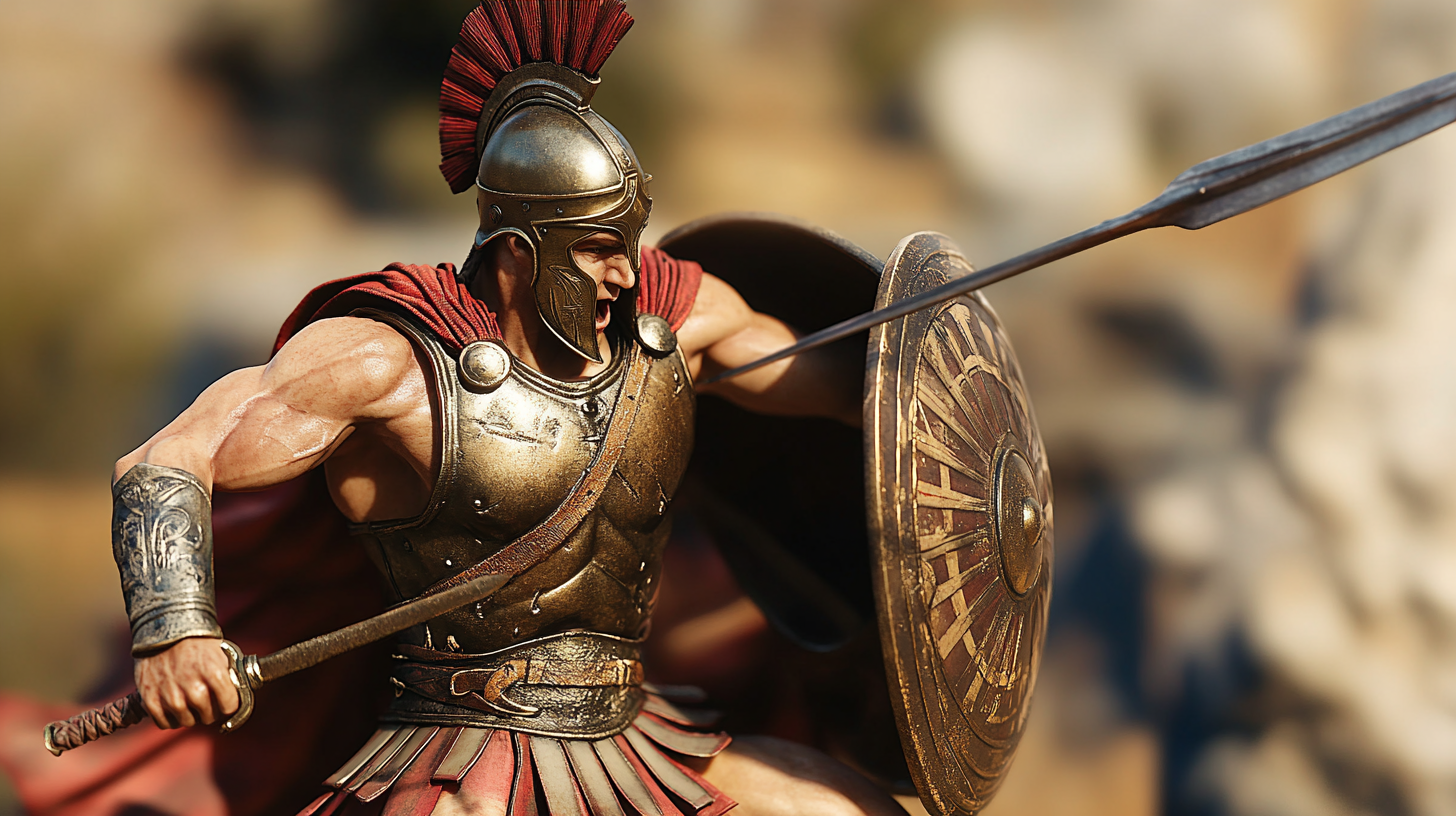 Greek hoplite shields sword strike, counters with spear thrust.