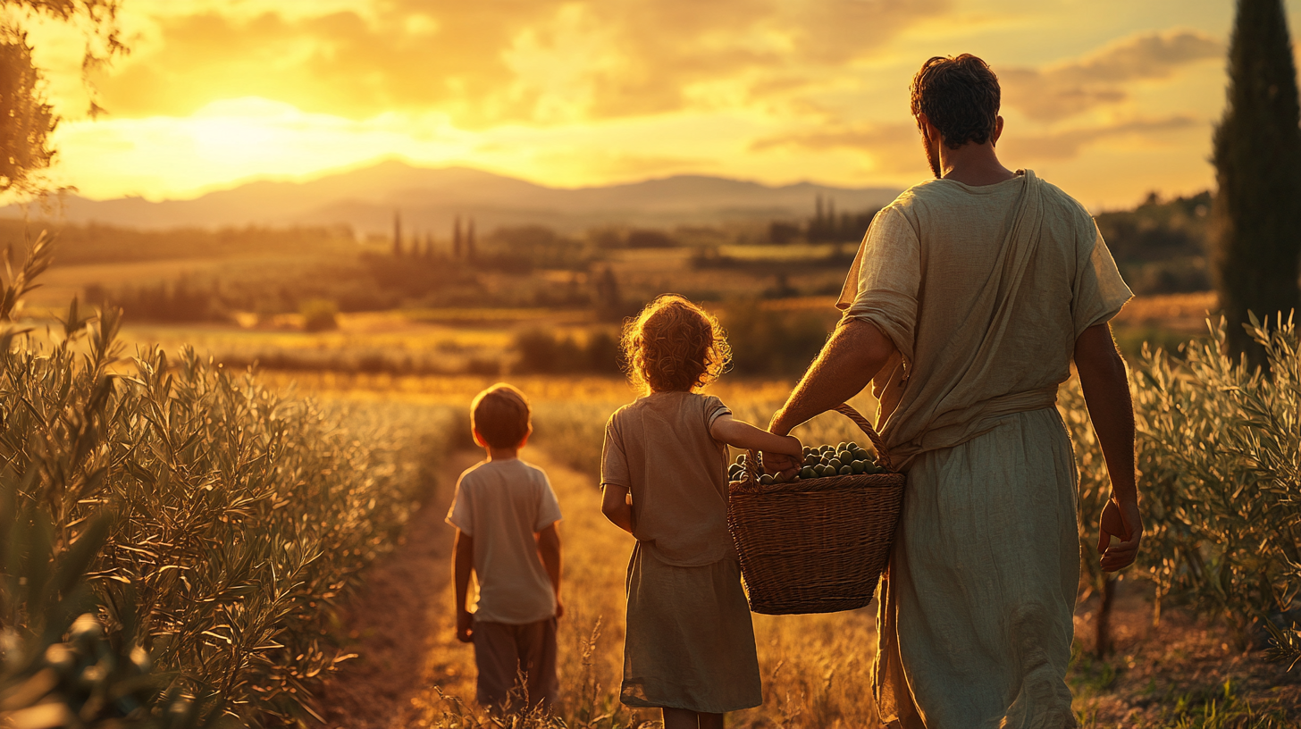 Greek hoplite working on family farm at sunset.