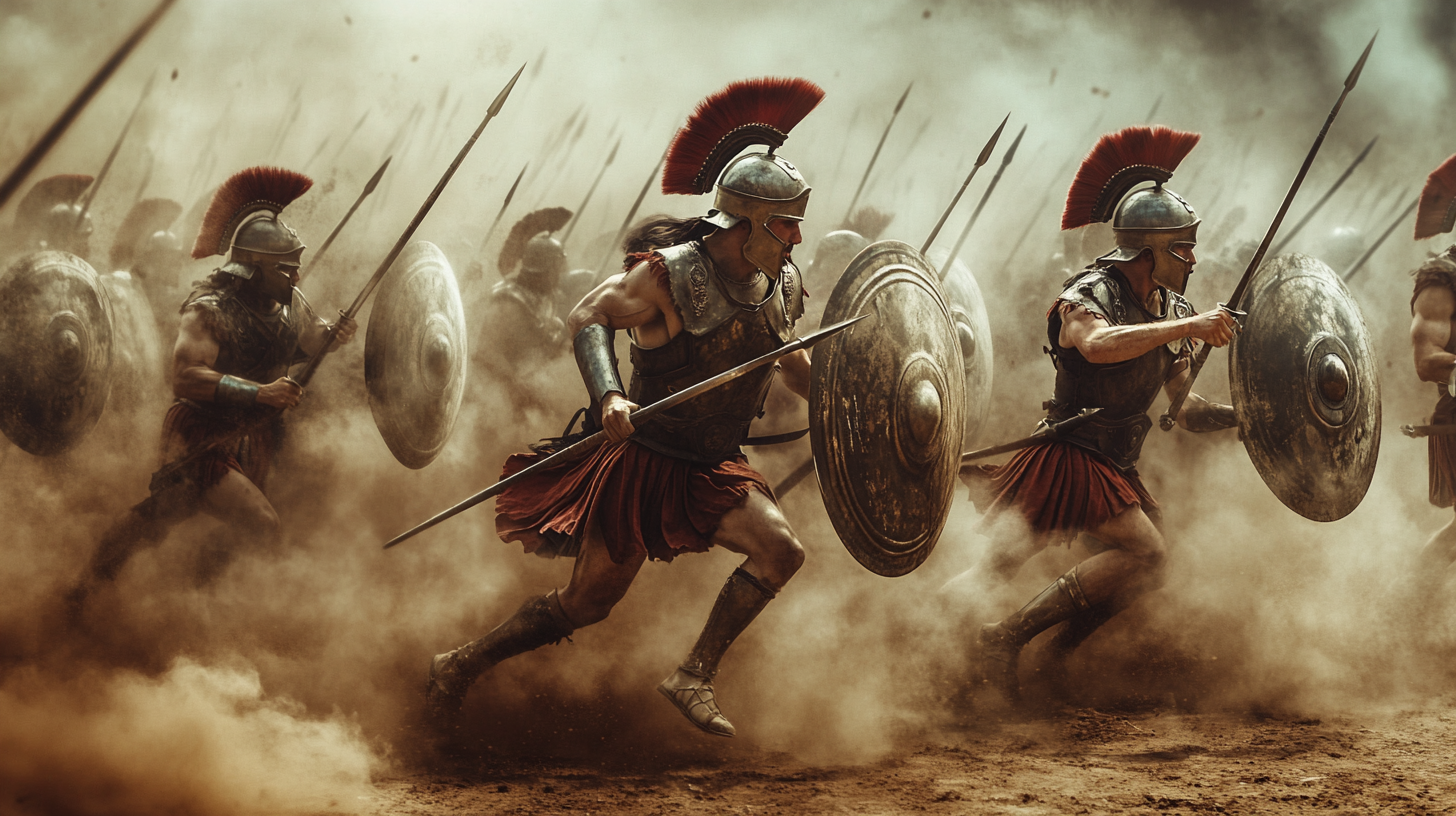 Greek hoplites charging, spears raised, shields forward, chaotic battle.