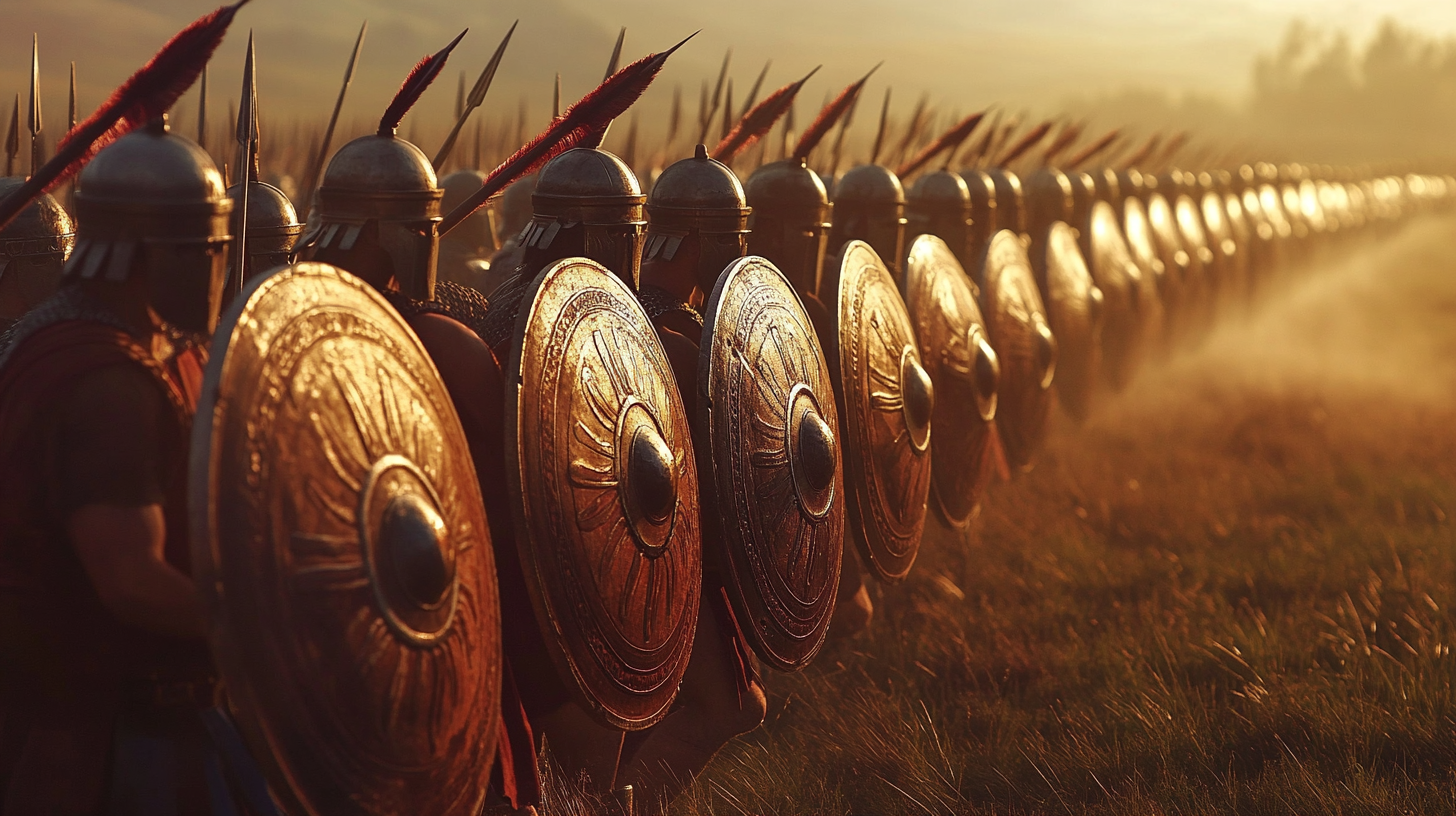 Greek hoplites in formation, ready for battle at dawn.