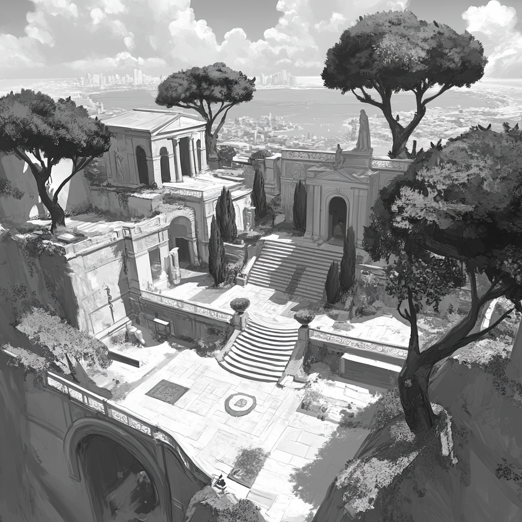 Greek mythology amusement park in grayscale. Inspired by Overwatch.