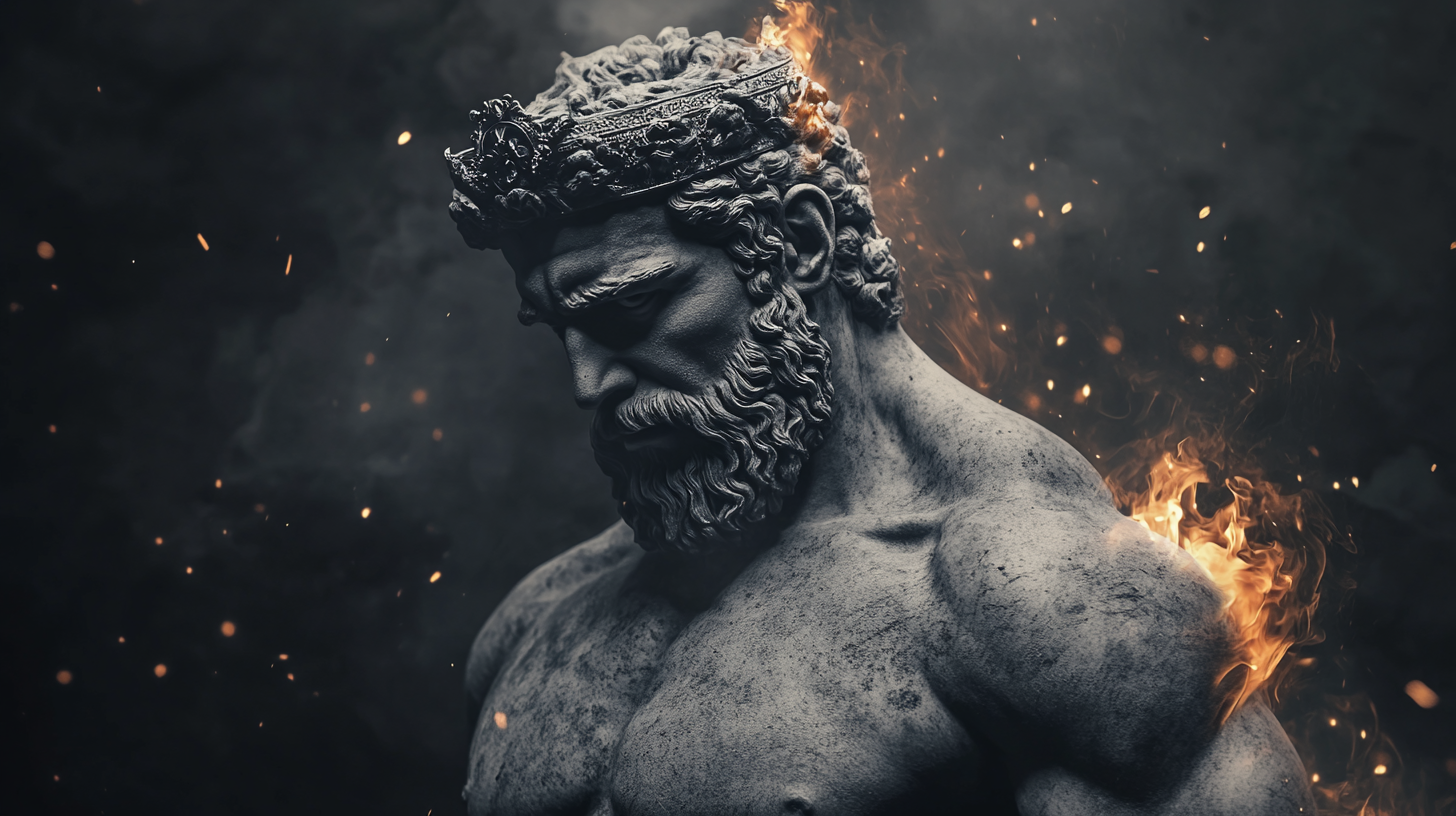 Greek philosopher with strong body, crown, flames, confidence.