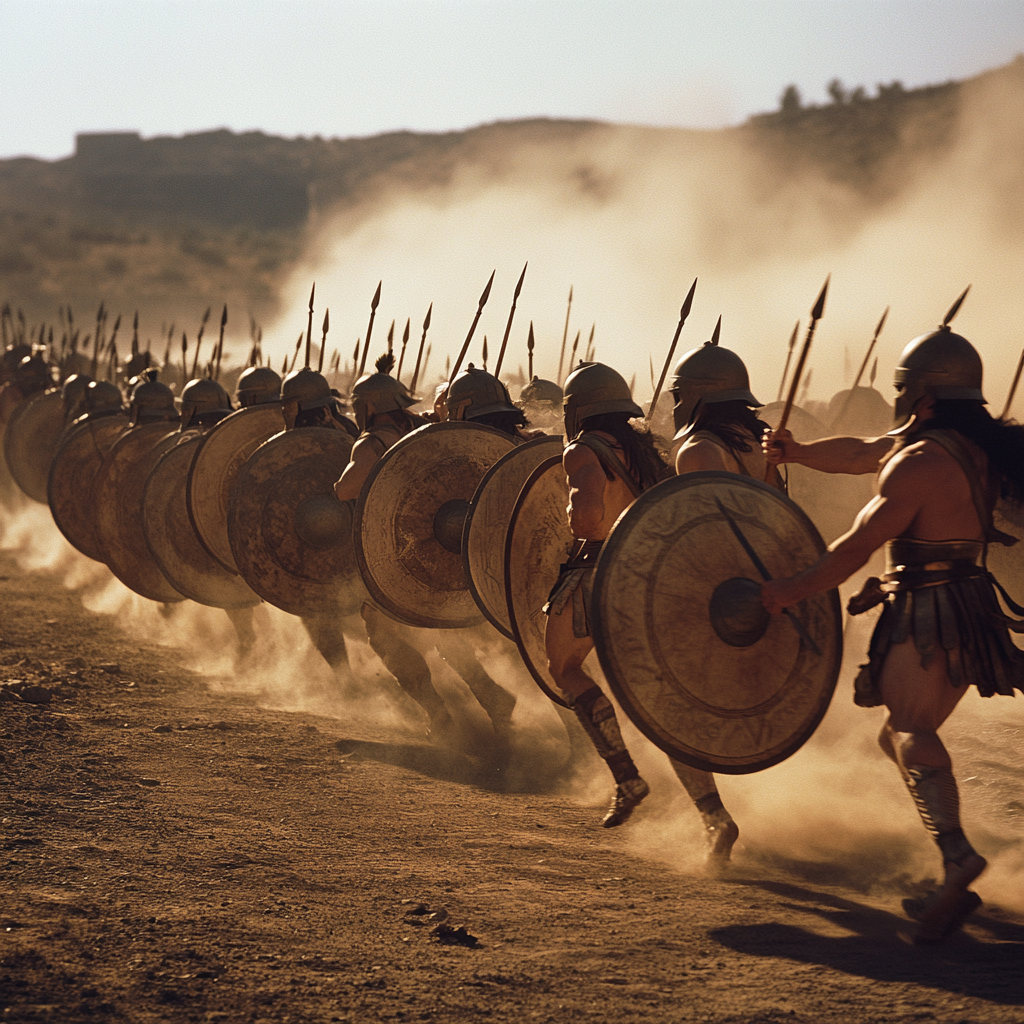 Greek soldiers in formation defeat Persian army dramatically