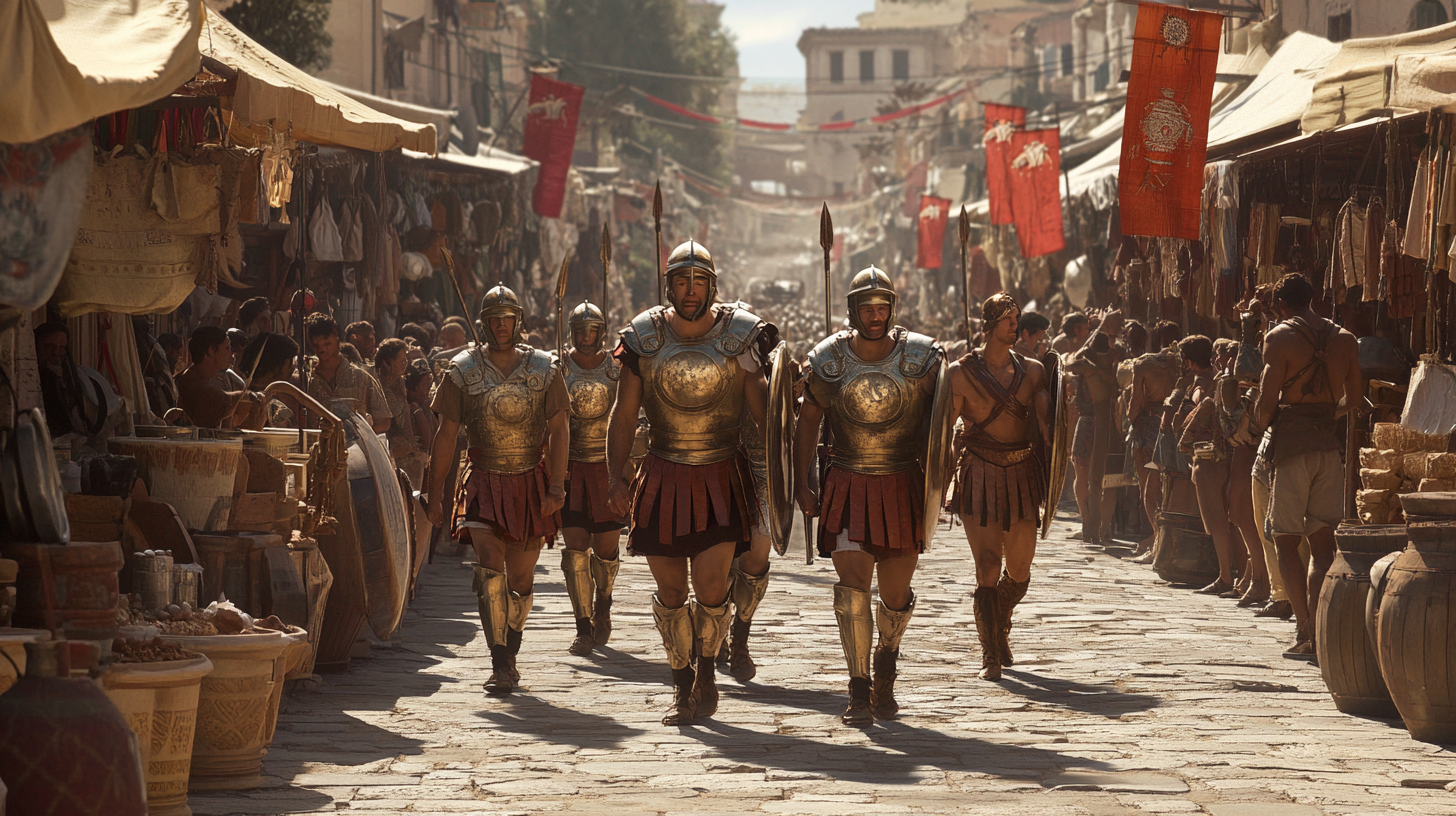 Greek soldiers parade in marketplace, colorful banners, citizens cheer.