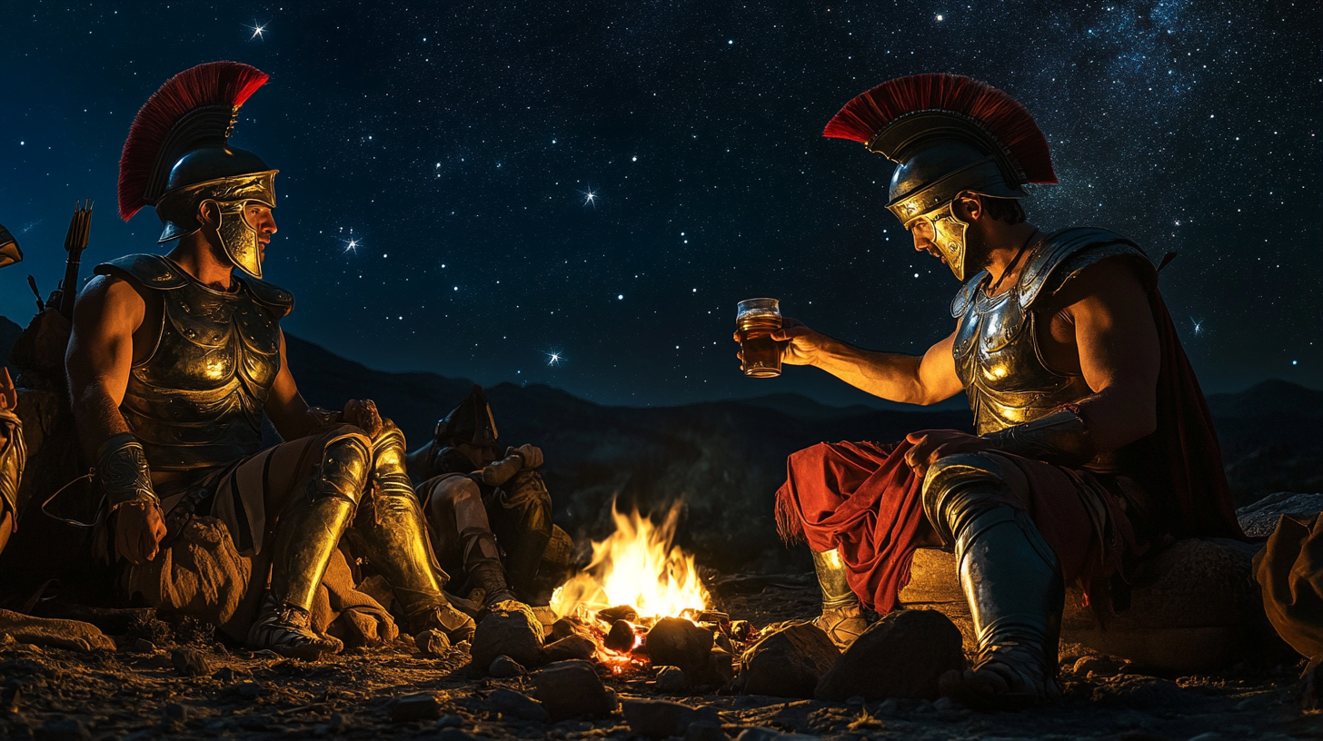 Greek soldiers sharing wine by campfire under starry sky.