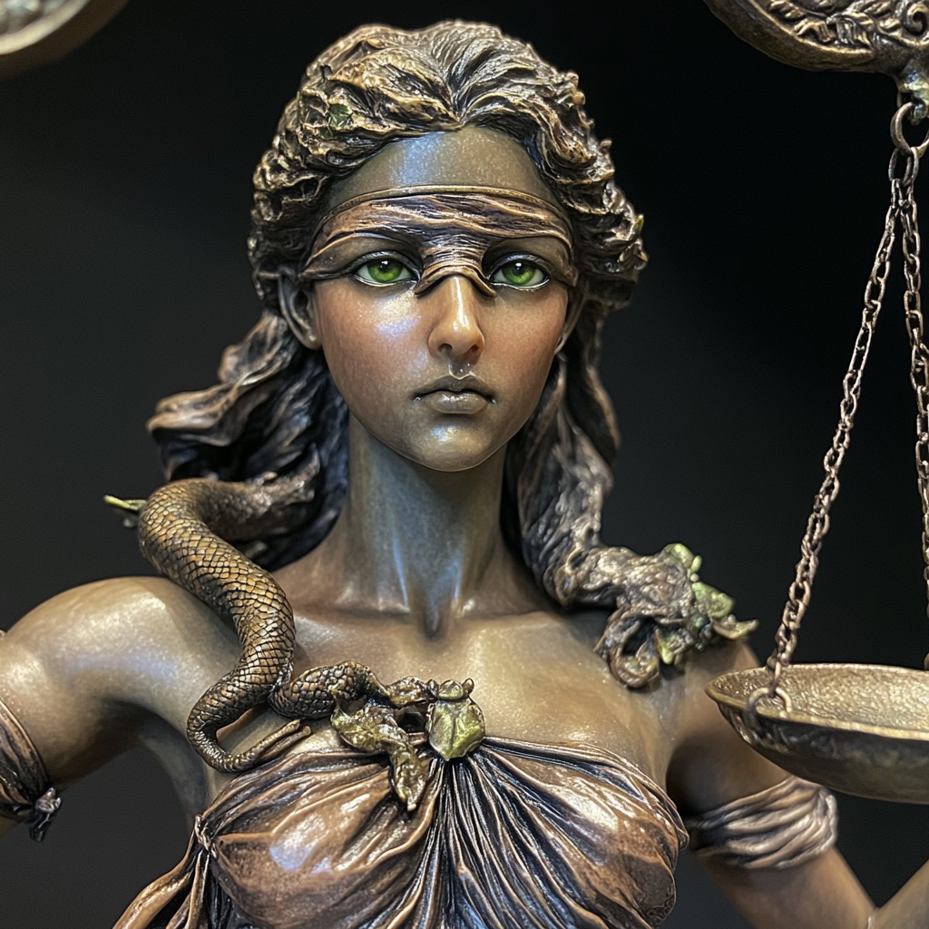 Greek-style Lady Justice statue with beautiful face, silk dress