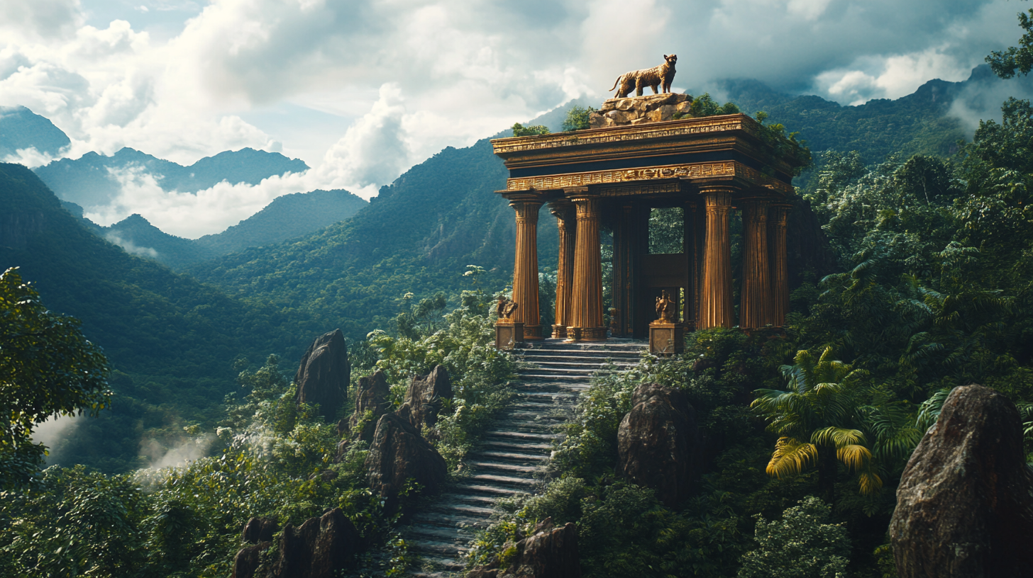 Greek temple with jaguar, Brazilian forest, cinematic color grading.