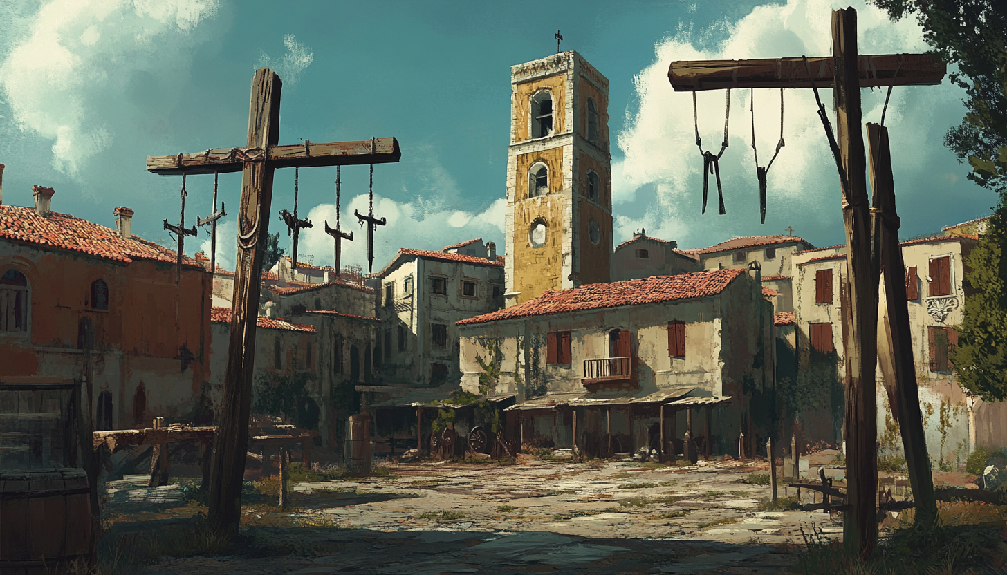 Greek village town square with gallows, grimdark fantasy concept.