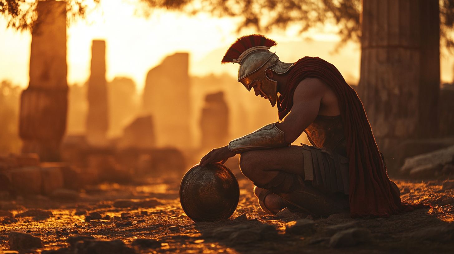 Greek warrior praying to gods with ancient ruins backdrop.