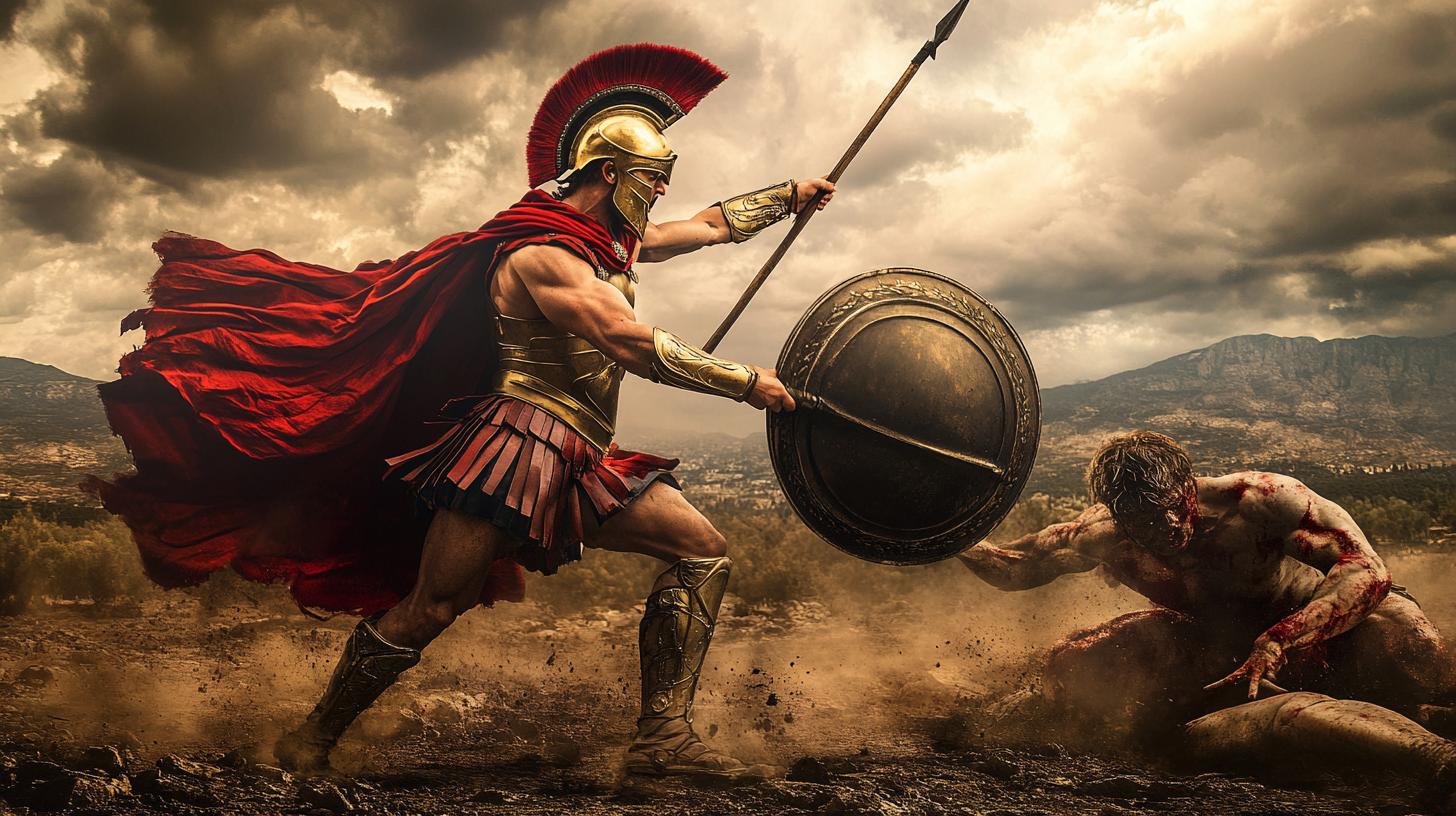 Greek warrior spearing enemy in dramatic battle scene.