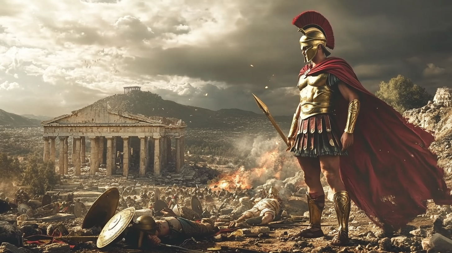 Greek warrior victorious in battle, temple in distance.