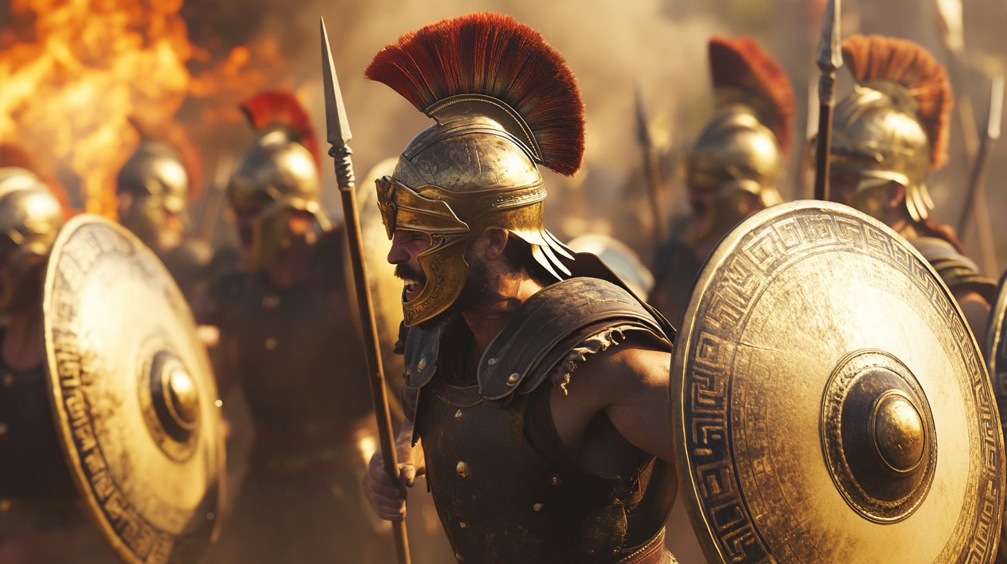 Greek warriors celebrating victory, burning enemy standard in background.