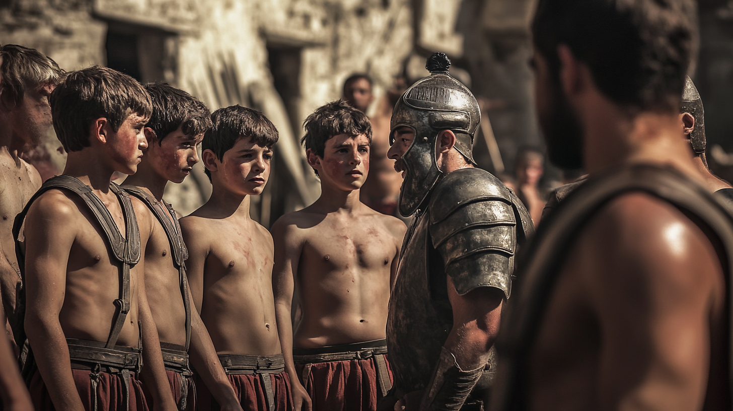 Greek youths training hard under watchful elders at sunrise.