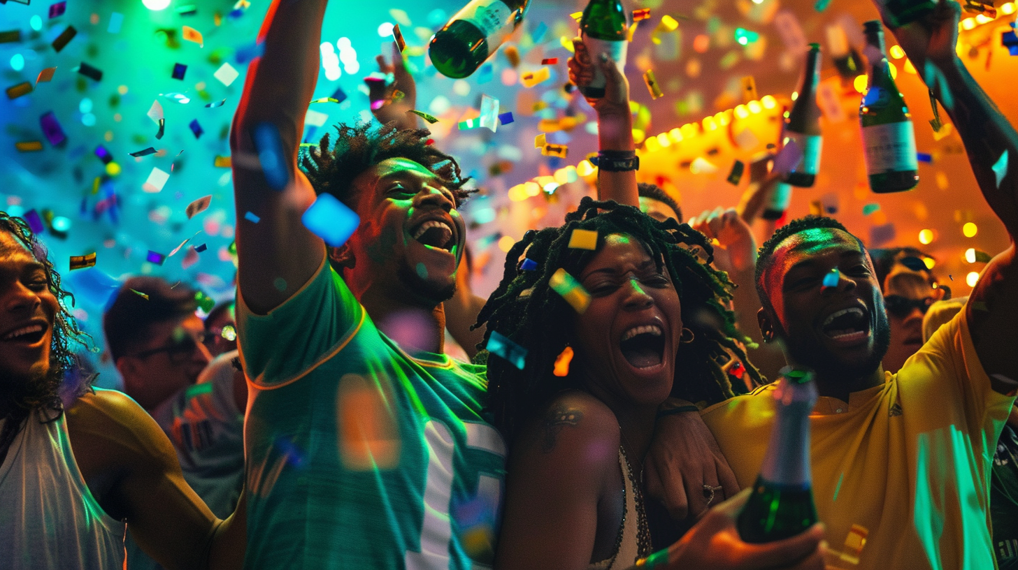 Green Bay Packers players, Brazilian Olympic gymnasts, and São Paulo politicians dancing together in nightclub cheering- LED screen in background.