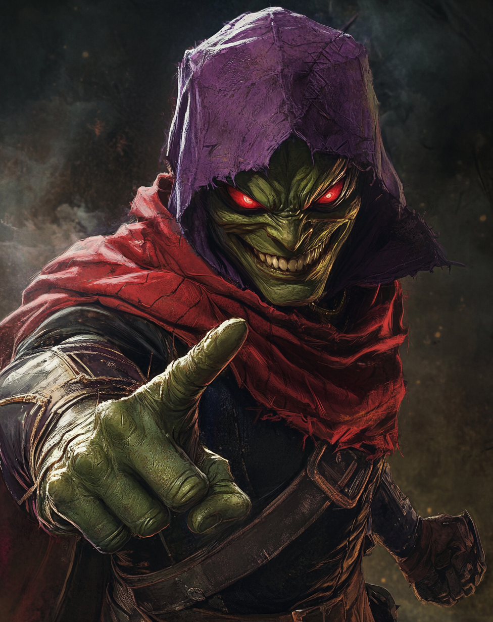 Green Goblin points while wearing colorful scarf on logo.