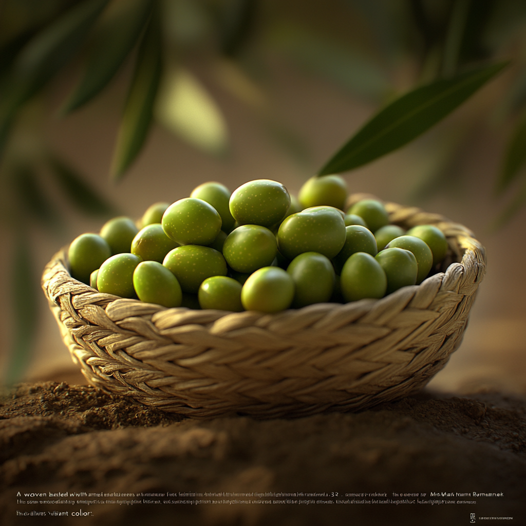 Green Iranian Olives in Woven Basket at Olive Grove