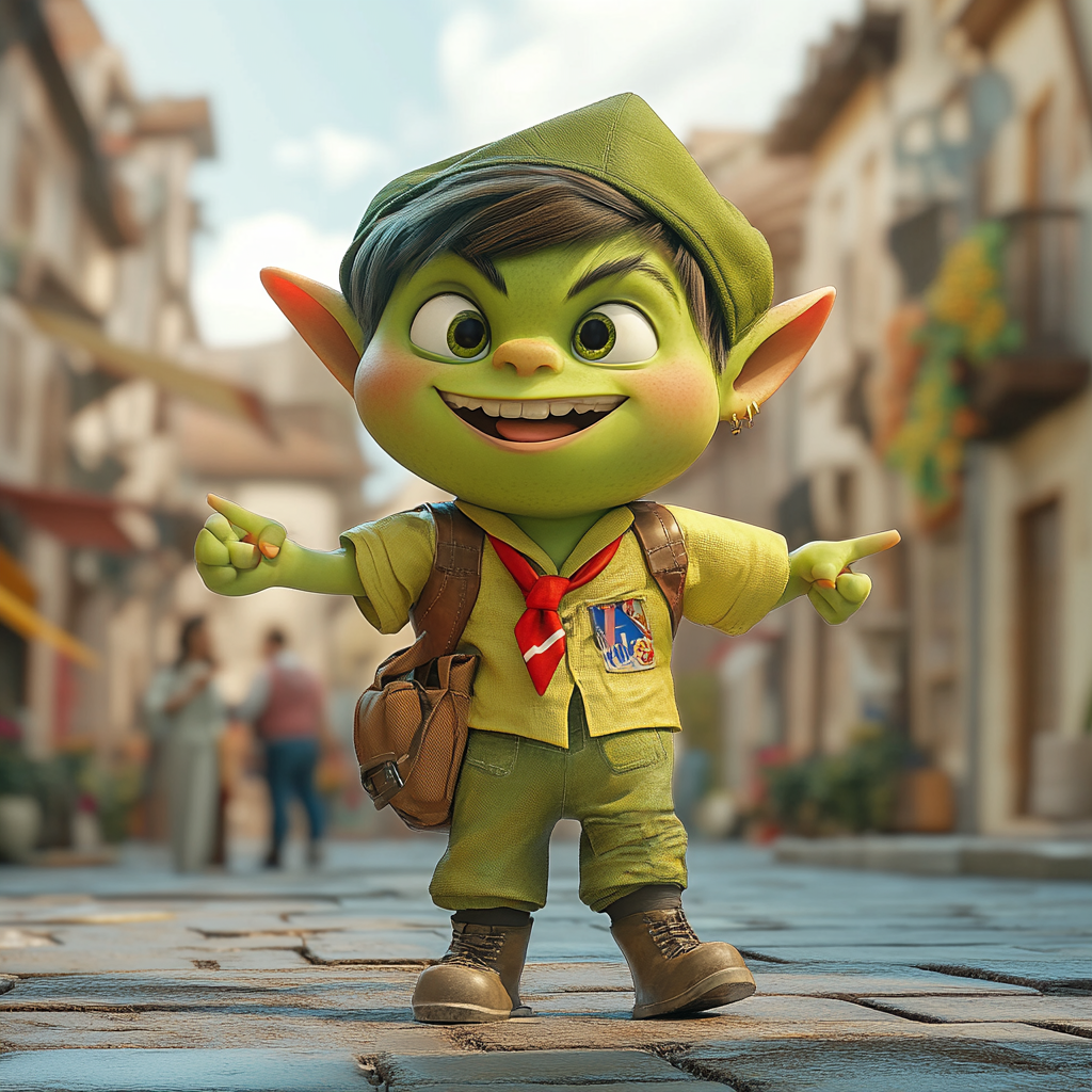 Green Orc Boy Scout Helping People In 3D Pixar Render