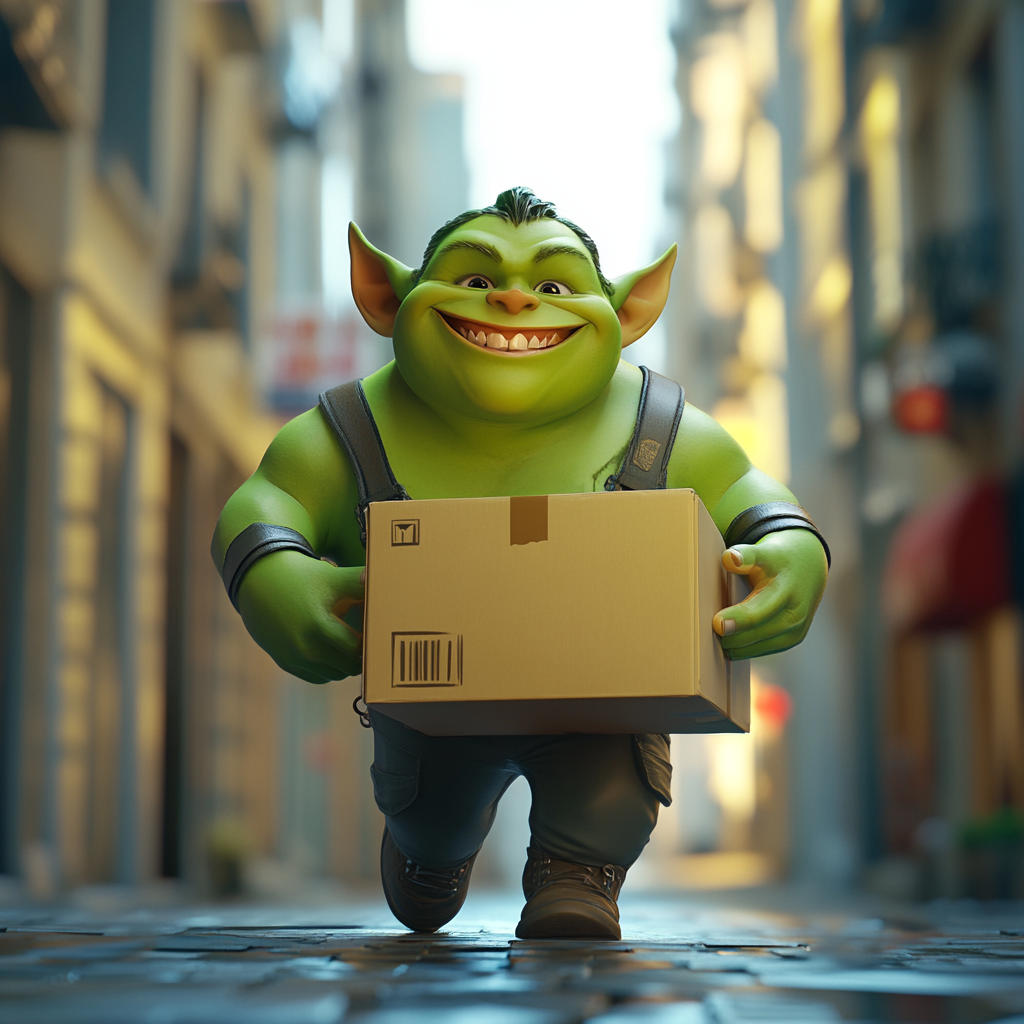 Green Orc Child Box Delivery in City, Pixar 3D Render