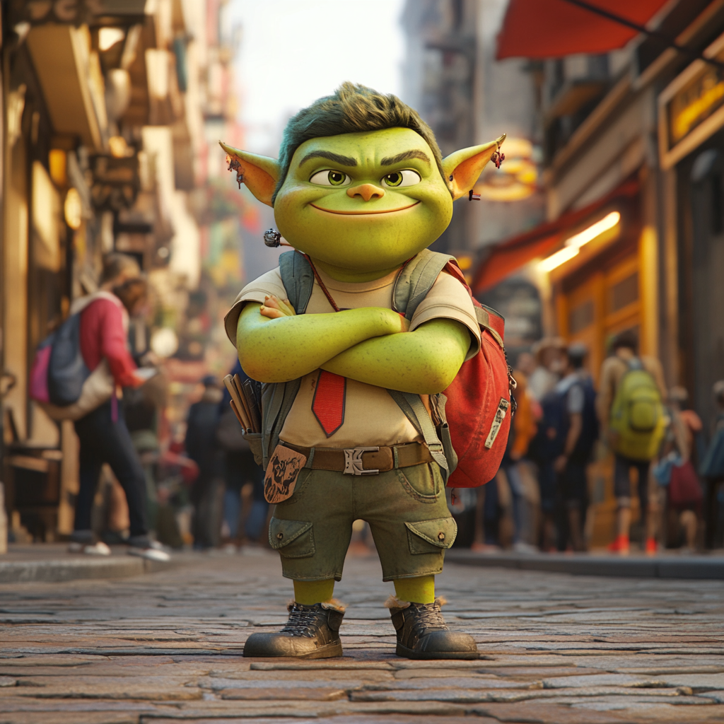 Green Orc Child Boy Scout Helping People 3D Render