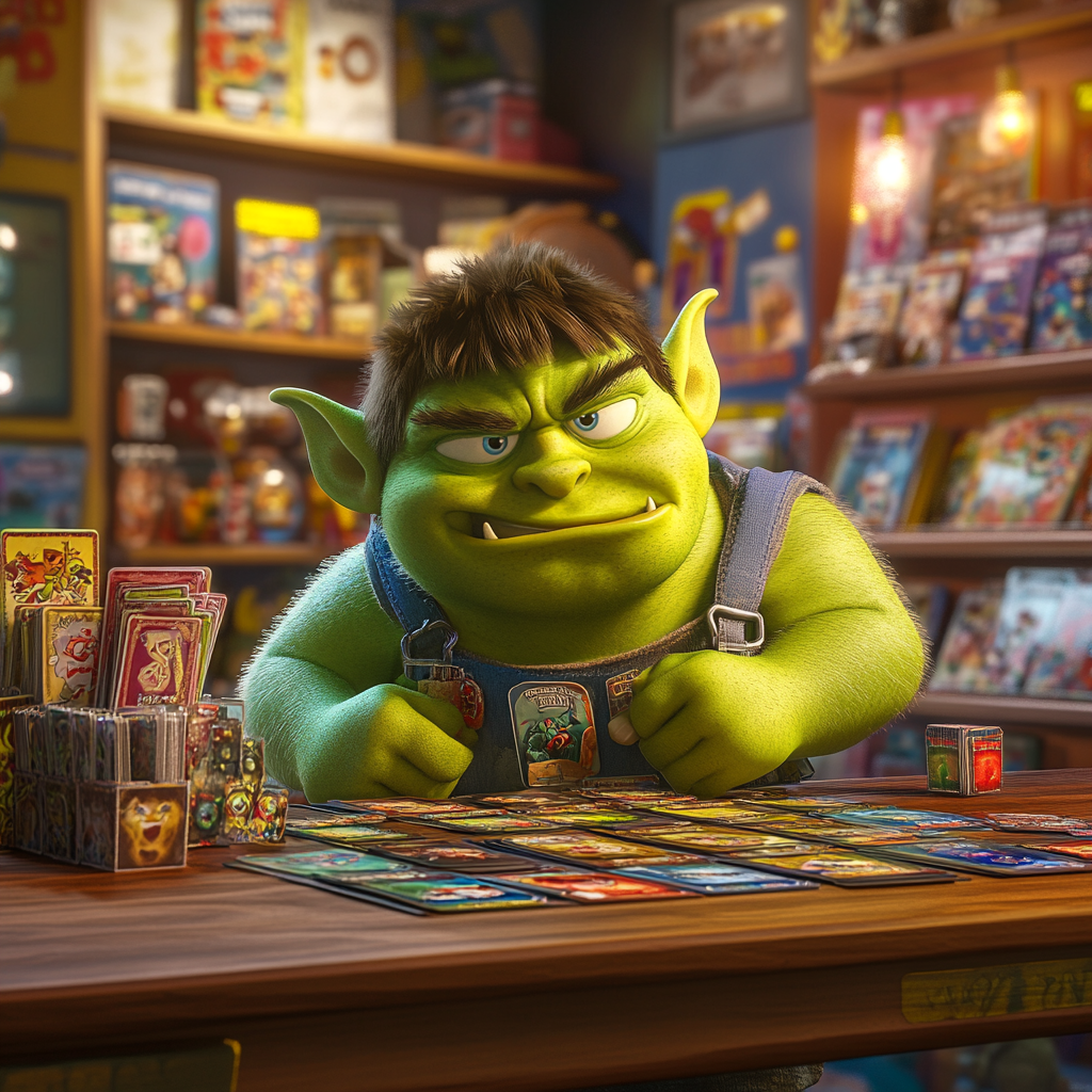 Green Orc Child Clerk in Pixar Card Game Store