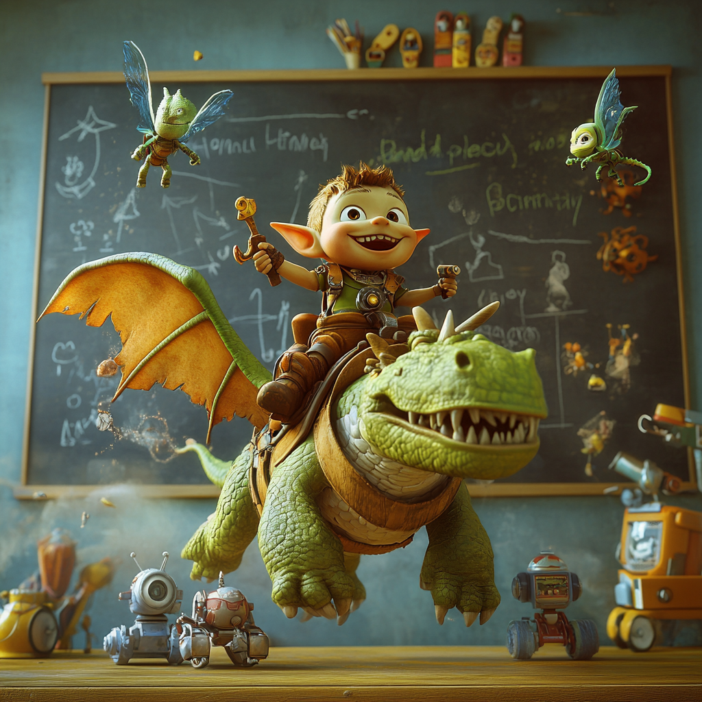 Green Orc Child Riding Dragon with Fairies and Robots on Blackboard Background 