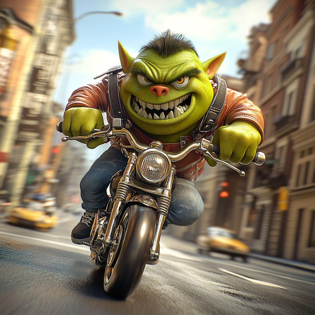 Green Orc Child Riding Motorbike in City, Pixar 3D Render