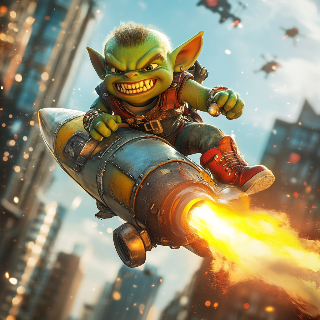 Green Orc Child Riding Rocket in City, 3D Pixar Funny Scene 