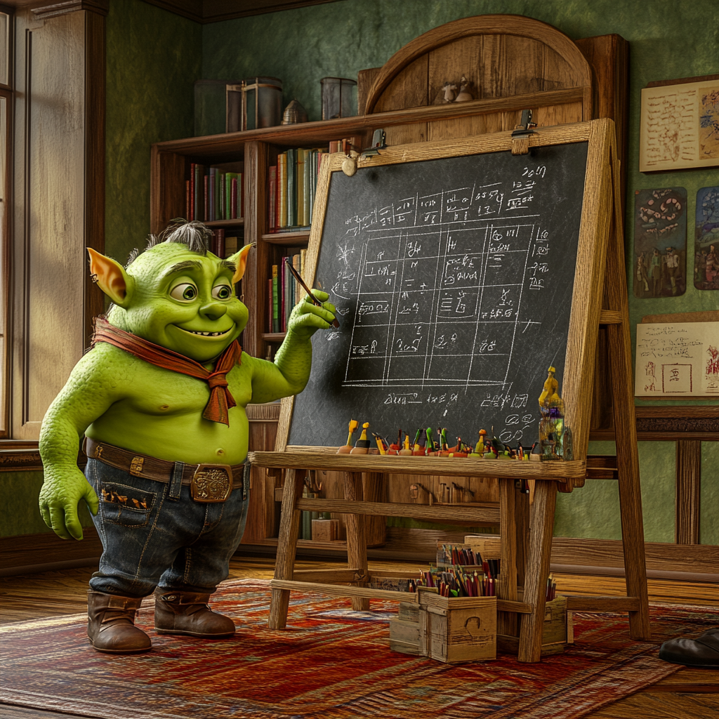 Green Orc Child Teacher Calculating on Blackboard 3D Render