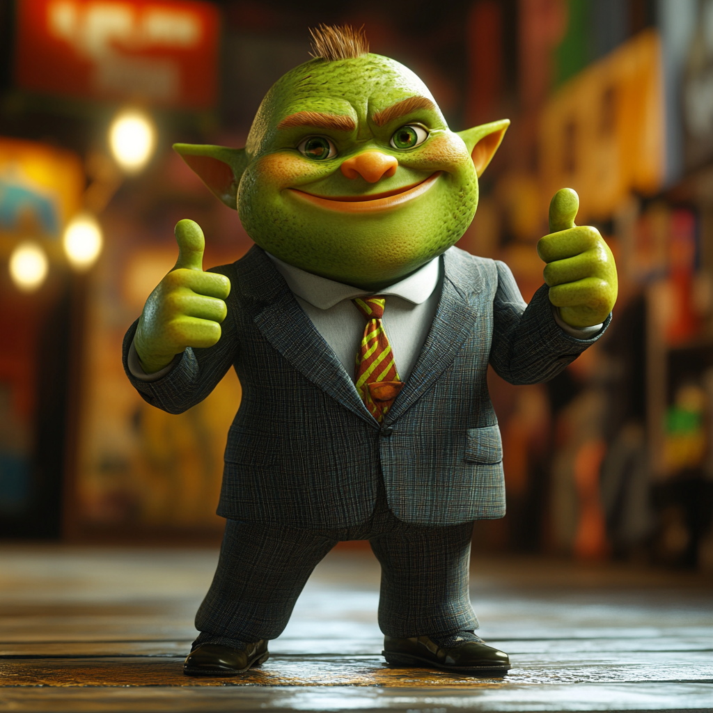 Green Orc Child Thumbs Up in Pixar Game Store 