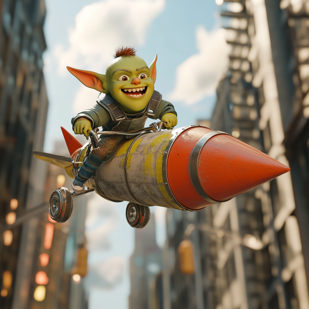 Green Orc Child on Delivery Rocket 3D Render