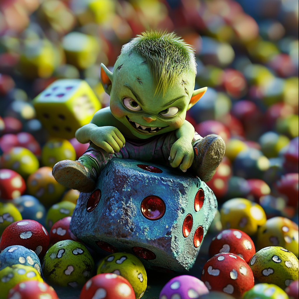 Green Orc Child on Large Dice in Fun Pixar 3D Environment