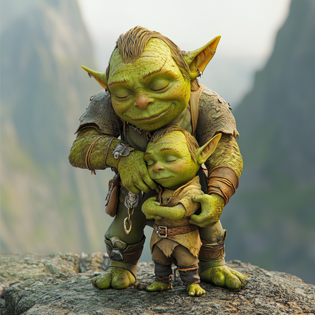 Green Orc Children Helping on Abyss Edge, Pixar 3D Render 