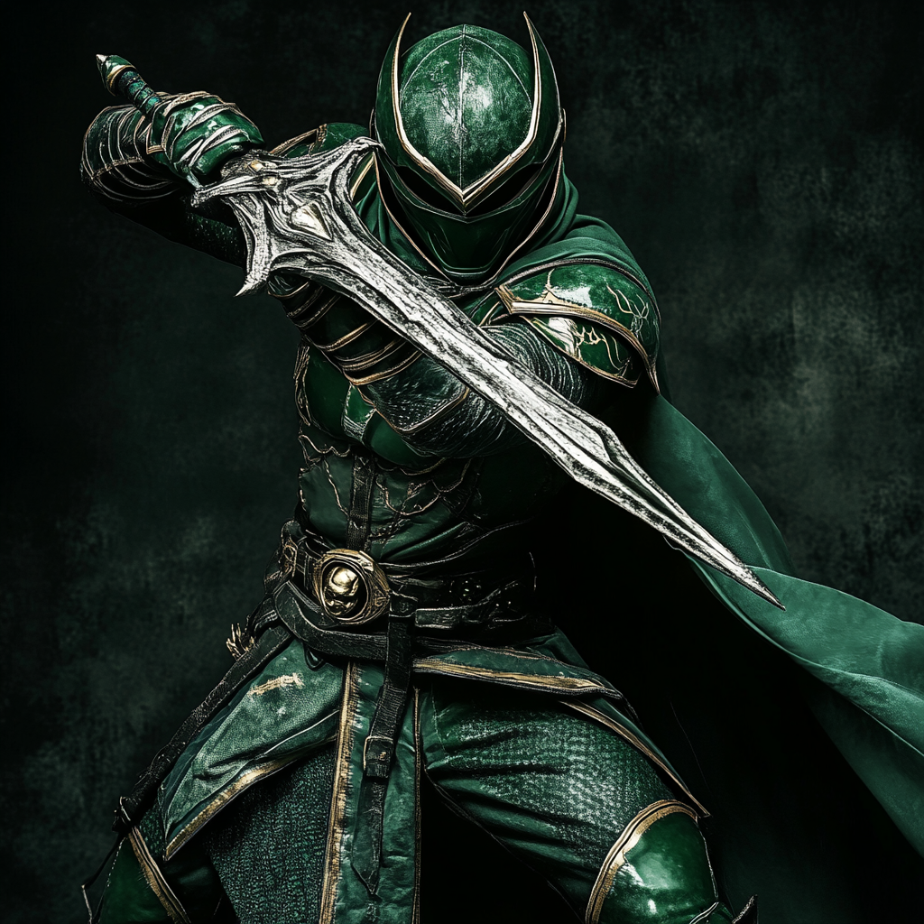 Green Power Ranger in medieval fantasy setting with dragon dagger.