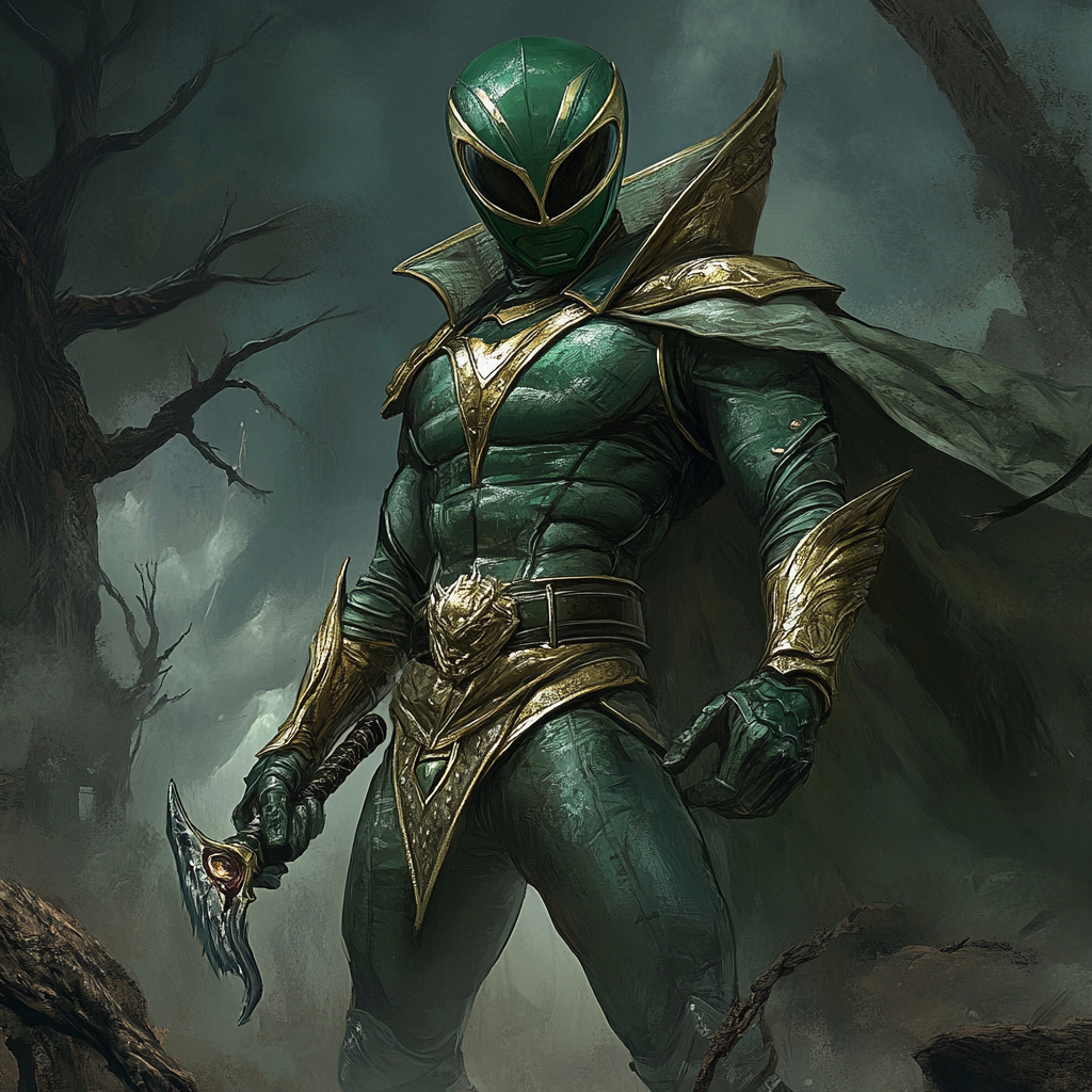 Green Power Ranger in medieval fantasy world landscape.