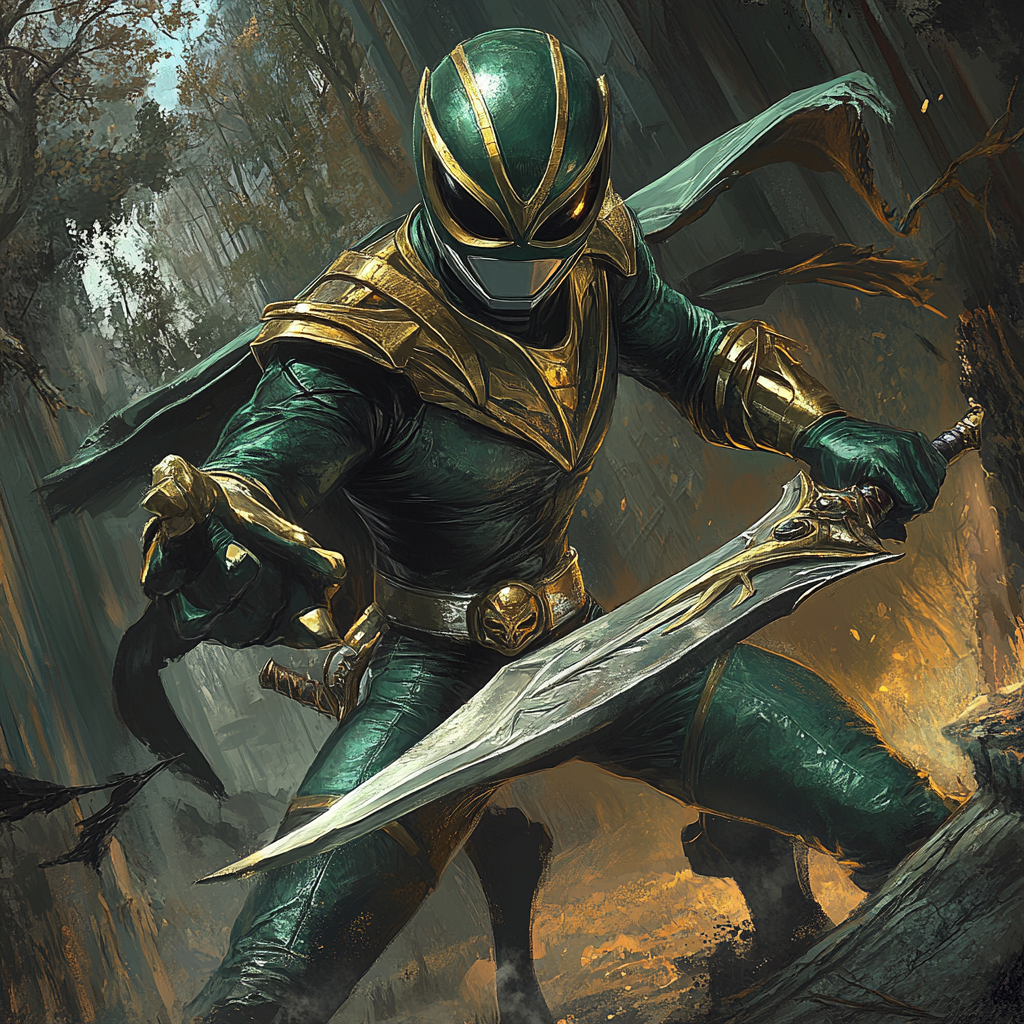 Green Power Ranger in medieval fantasy world with details