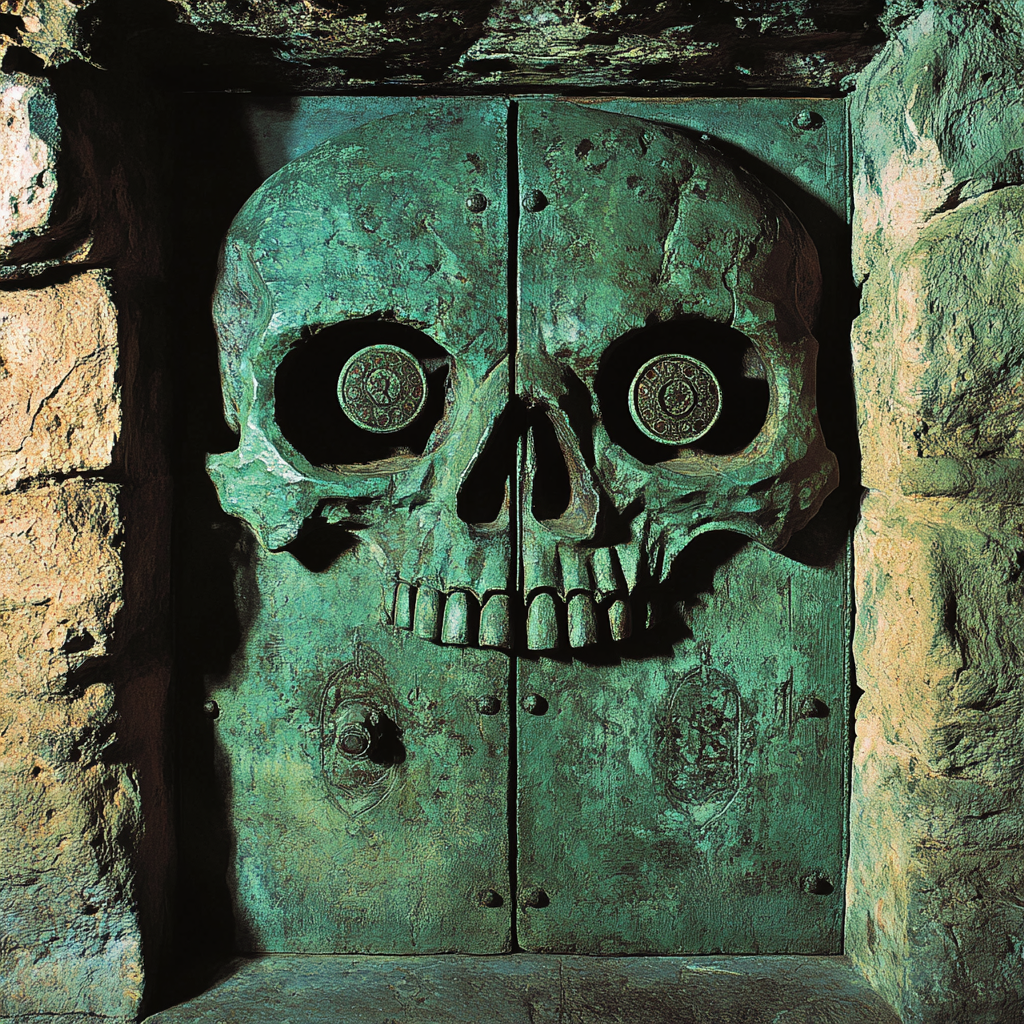 Green Stone Double Door with Grinning Skull Carving