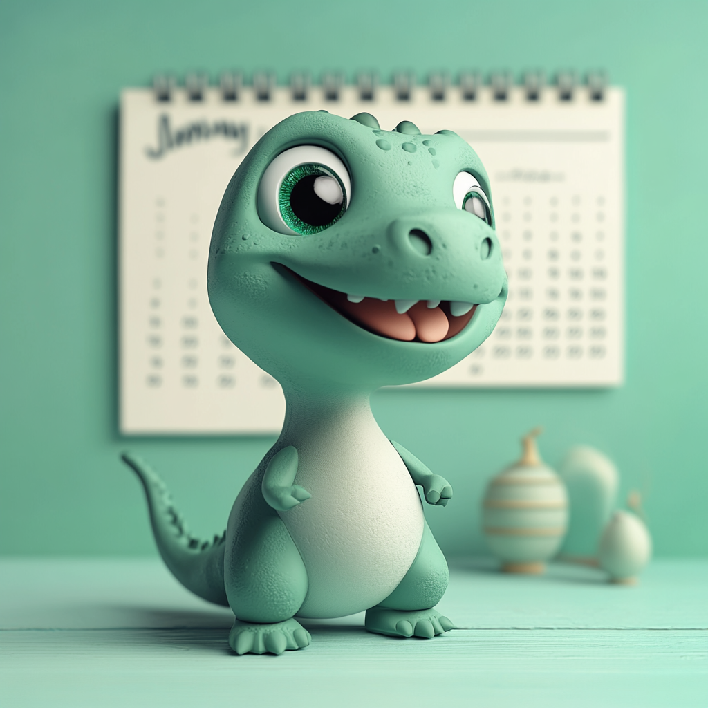 Green T-Rex with calendar in clay animation.