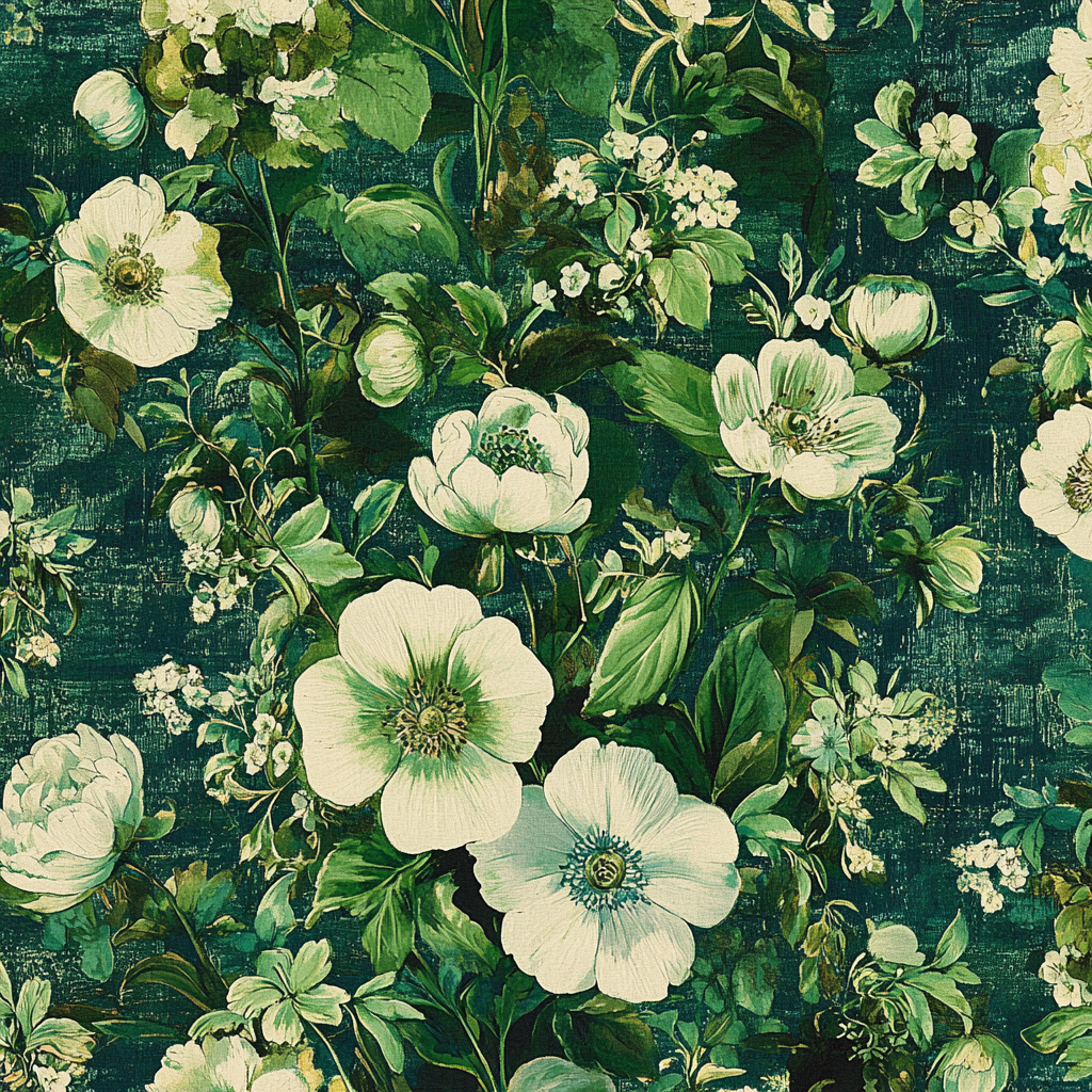 Green and white flowers in a victorian still life.