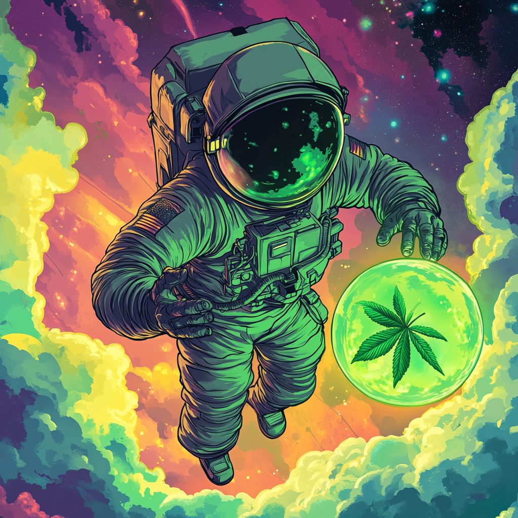 Green astronaut in spacesuit with glowing sphere smiling.