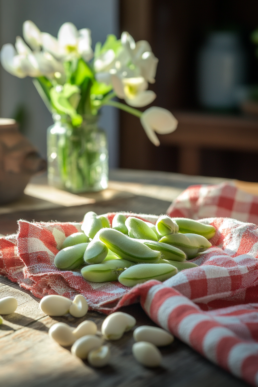 Green beans on table with red cloth.