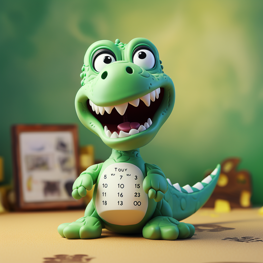 Green child dinosaur in clay animation, January 2025 calendar.