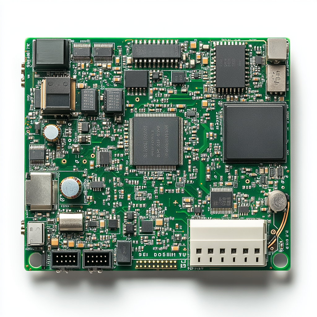 Green circuit board with chips, capacitors, connectors, white background