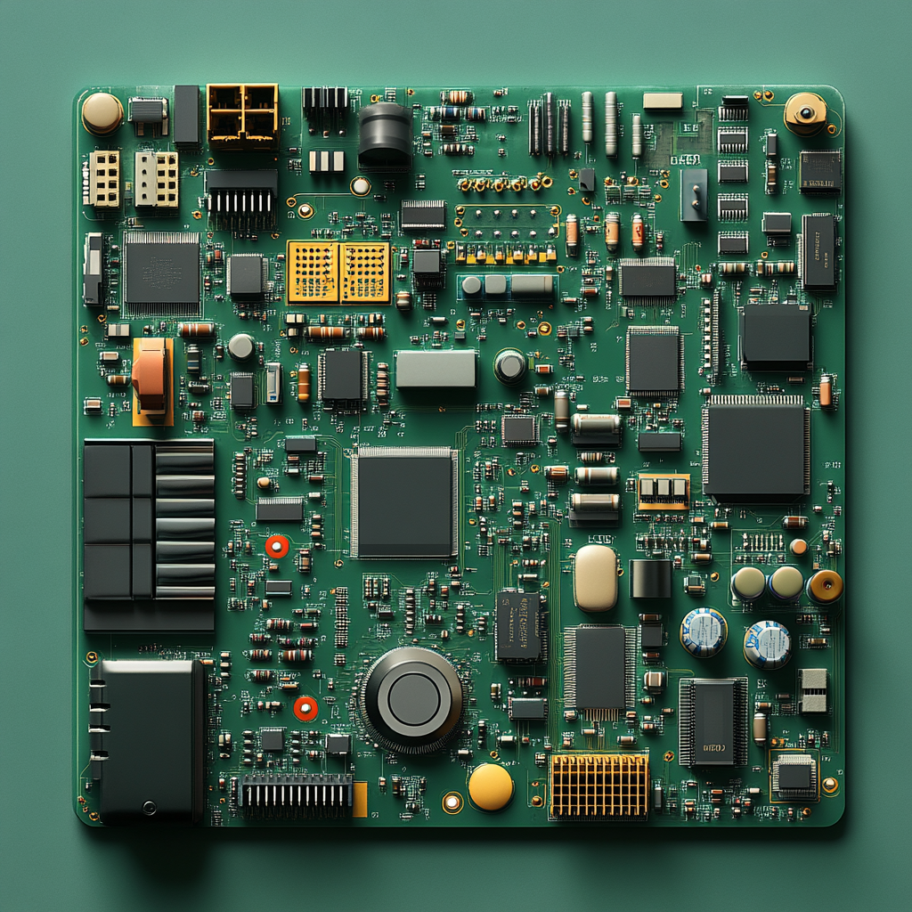 Green circuit board with chips, capacitors, connectors viewed above.