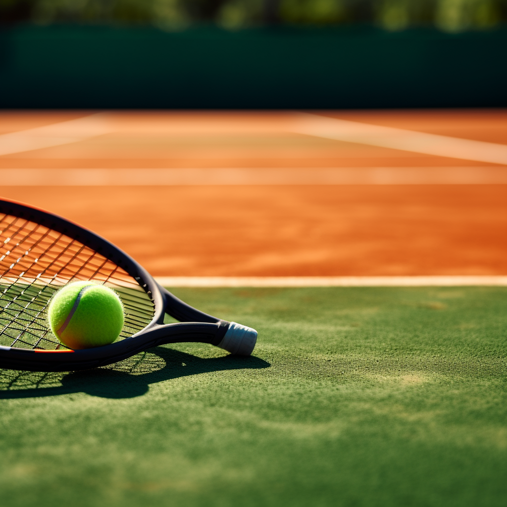 "Modern tennis and squash rackets on a green clay court"